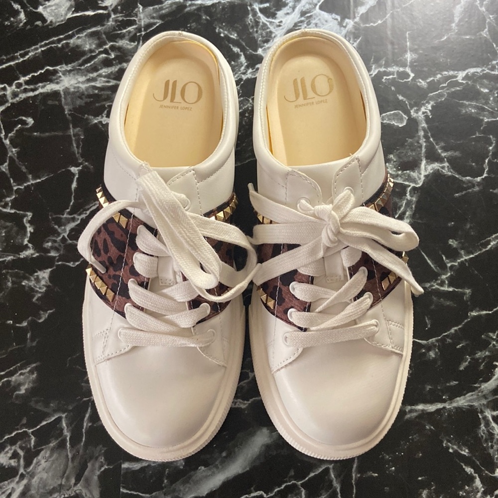 JLo Eydie White/Leopard Slip On Platform Sneakers
